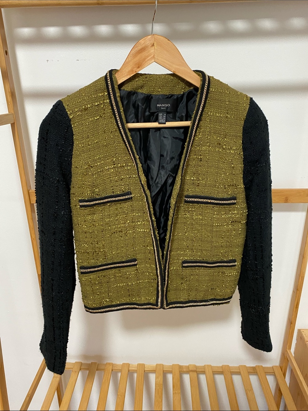Mango Olive Green Tweed Jacket with Black Sleeves